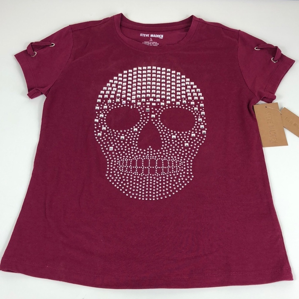 NEW STEVE MADDEN Kids Tee Girls Size Large (12) Maroon Bedazzled Skull Graphic